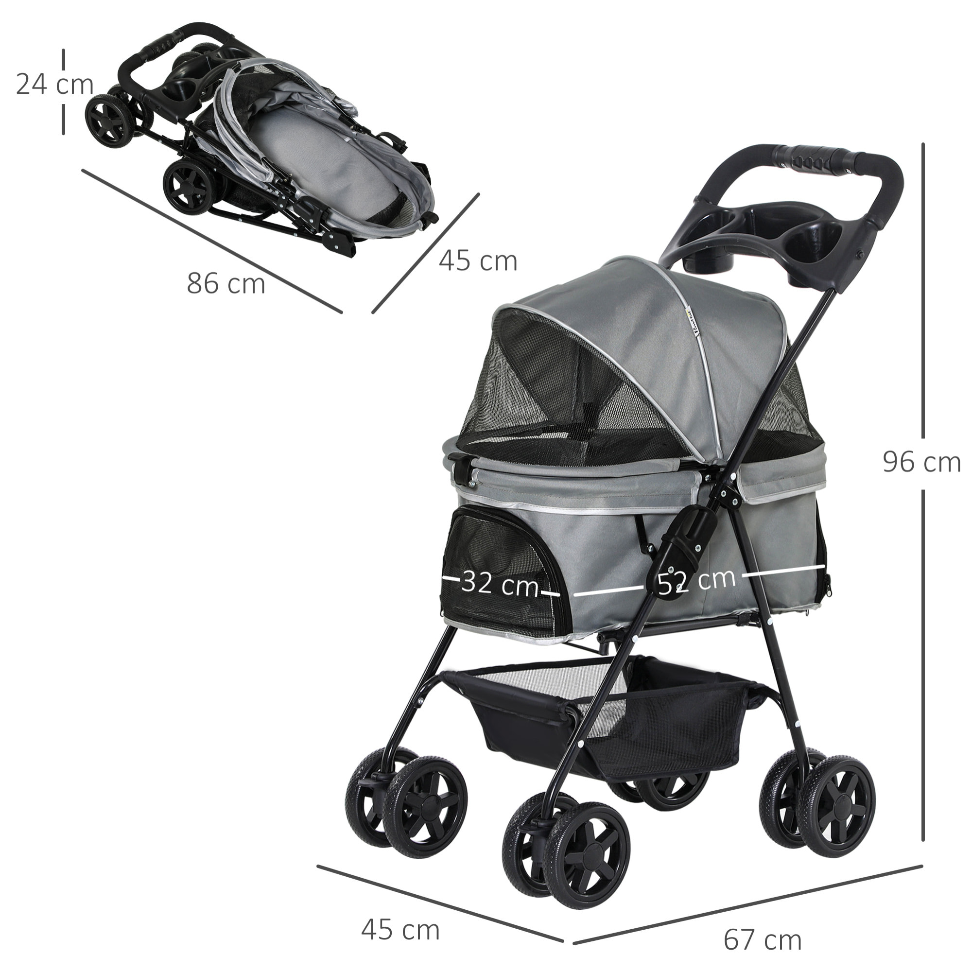 Poussette buggy pliable chien chat panier rangement porte-gobelets tissu 300D Oxford imperméable 4 roues gris