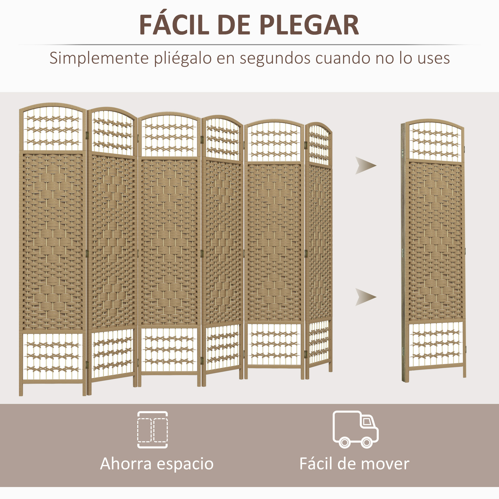 Biombo Separador de Ambientes de 6 Paneles 240x170 cm Divisor de Habitación Plegable de Cuerda de Papel y Marco de Madera Decoración para Dormitorio Salón Natural