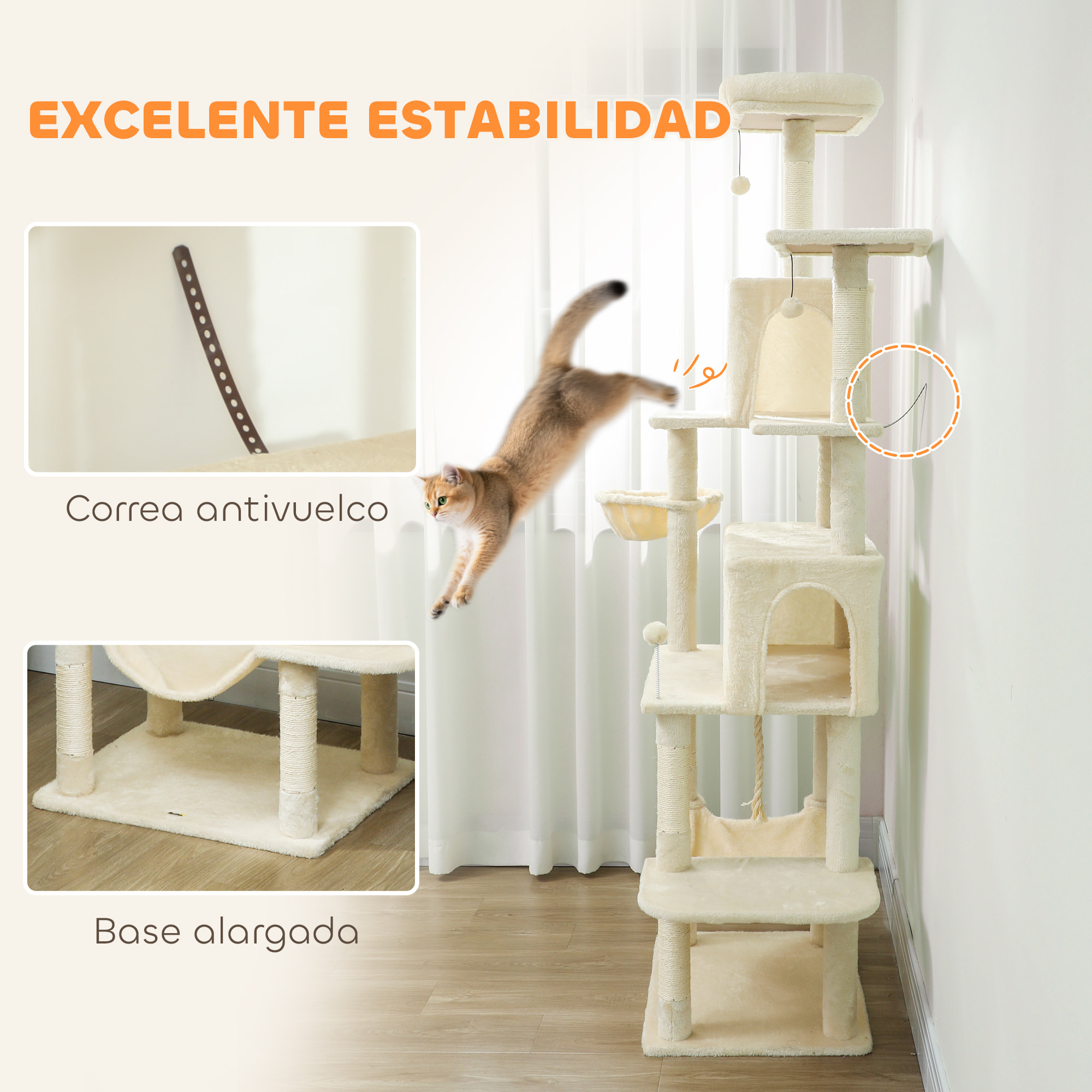 Árbol Rascador para Gatos, Árbol para Gatos 202 cm, Torre Escalador con Plataformas, Cama, Cuevas, Postes de Sisal, Bolas y Cuerda para Jugar, Beige