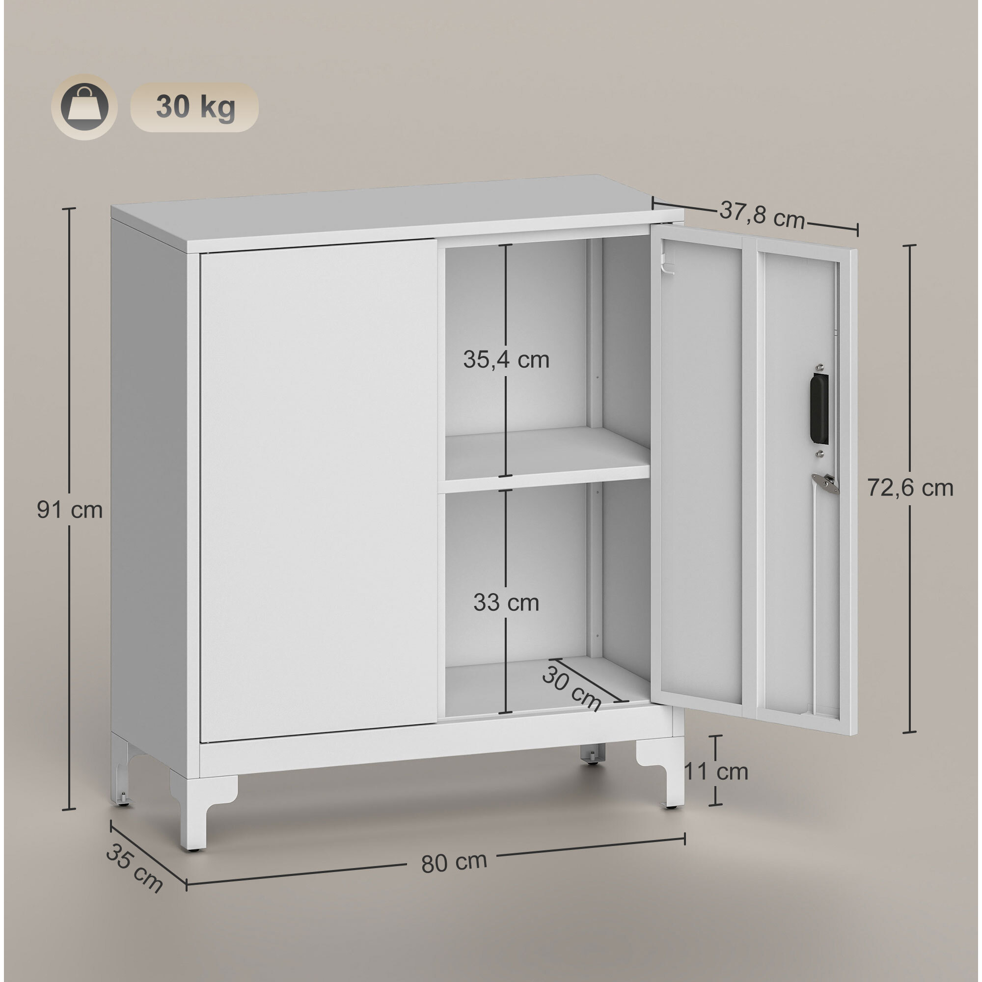 Armario Archivador Metálico Armario de Oficina con 2 Puertas Cerradura Estante Fácil Montaje Archivador para Oficina Estudio Garaje Sala de Estar 80x35x91 cm Blanco