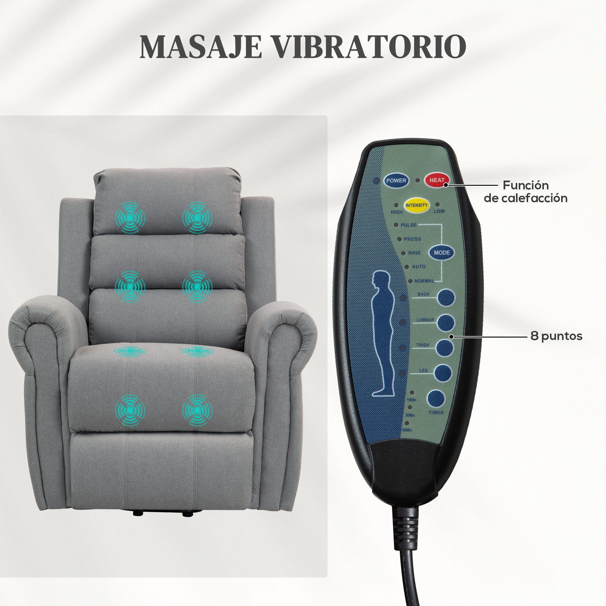 Sillón Relax Reclinable Eléctrico Levanta Personas, con Masaje Vibratorio y Calor, Sillón Elevador, con Control Remoto, Reposapiés, Tapizado en Lino, Bolsillos Laterales, Gris
