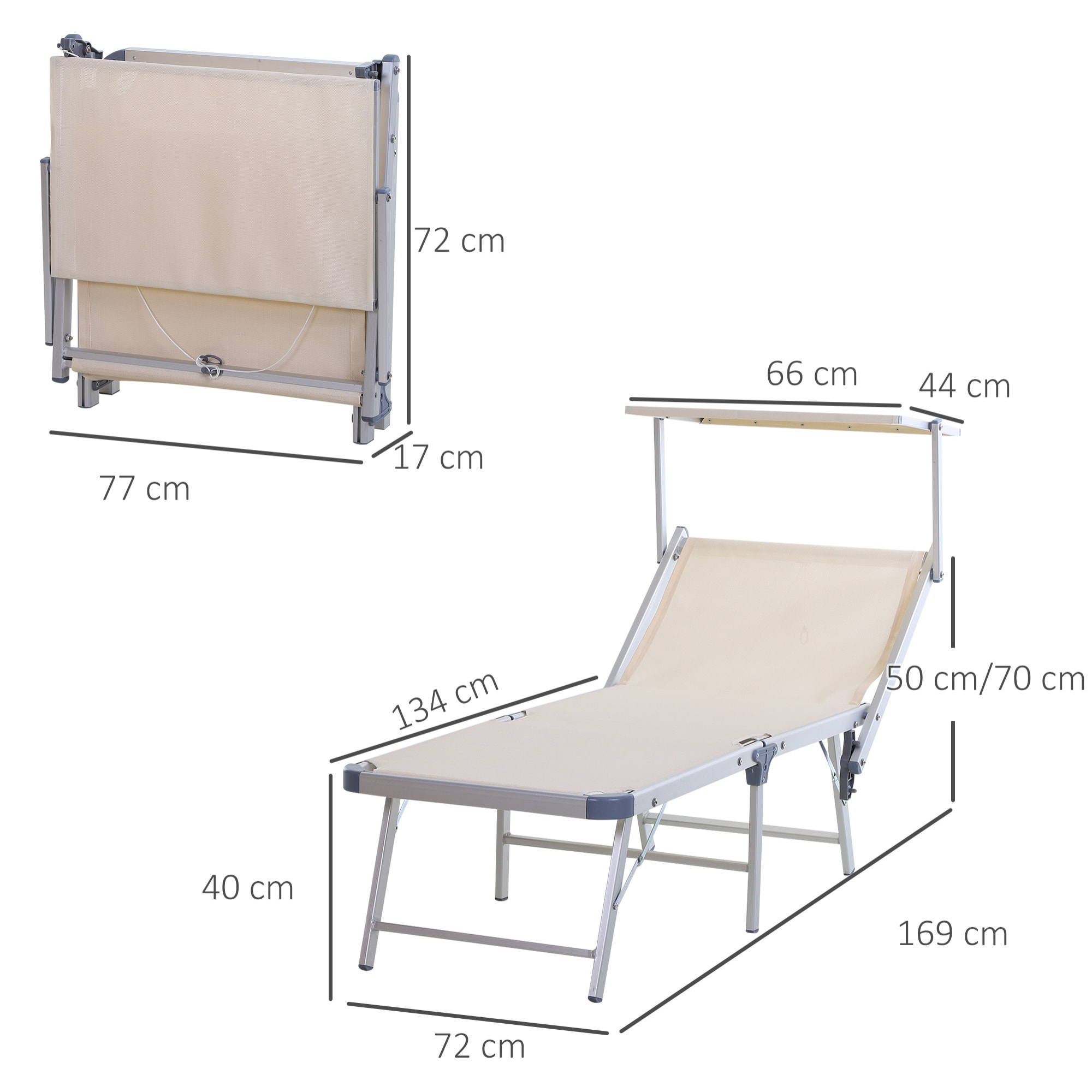 Tumbona Reclinable y Plegable con Toldo 169x72x55/72cm Beige