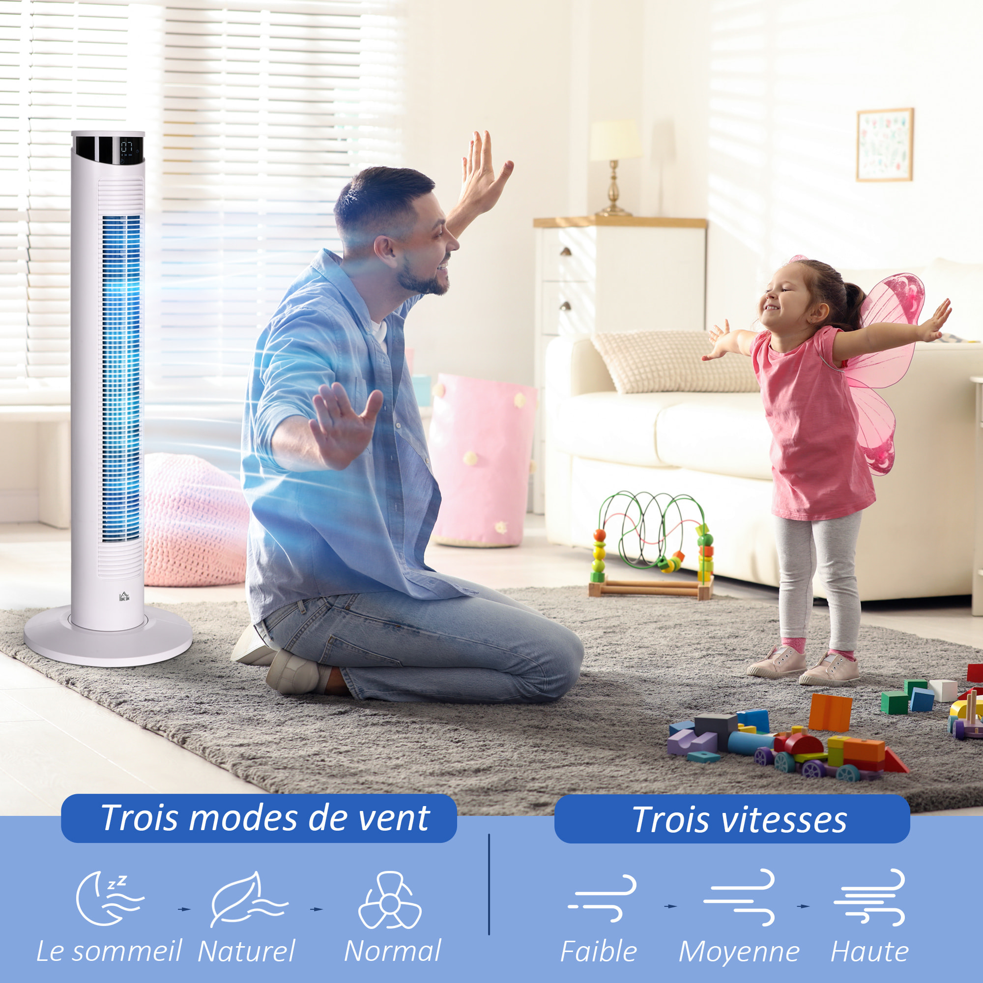 Ventilateur colonne oscillant 50W - télécommande, 3 modes, 3 vitesses, écran LED, timer - blanc