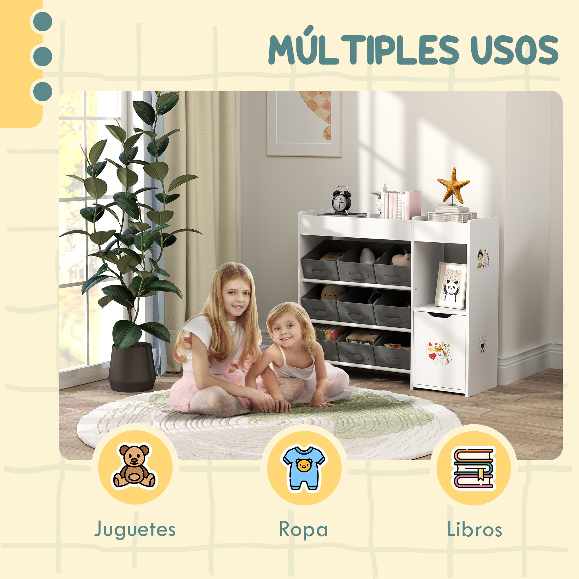Estantería para Juguetes para Niños Organizador Infantil con 9 Cestas Extraíbles Compartimentos y Láminas de Pegatinas para Guardería Sala de Juegos 92x30x80 cm Blanco