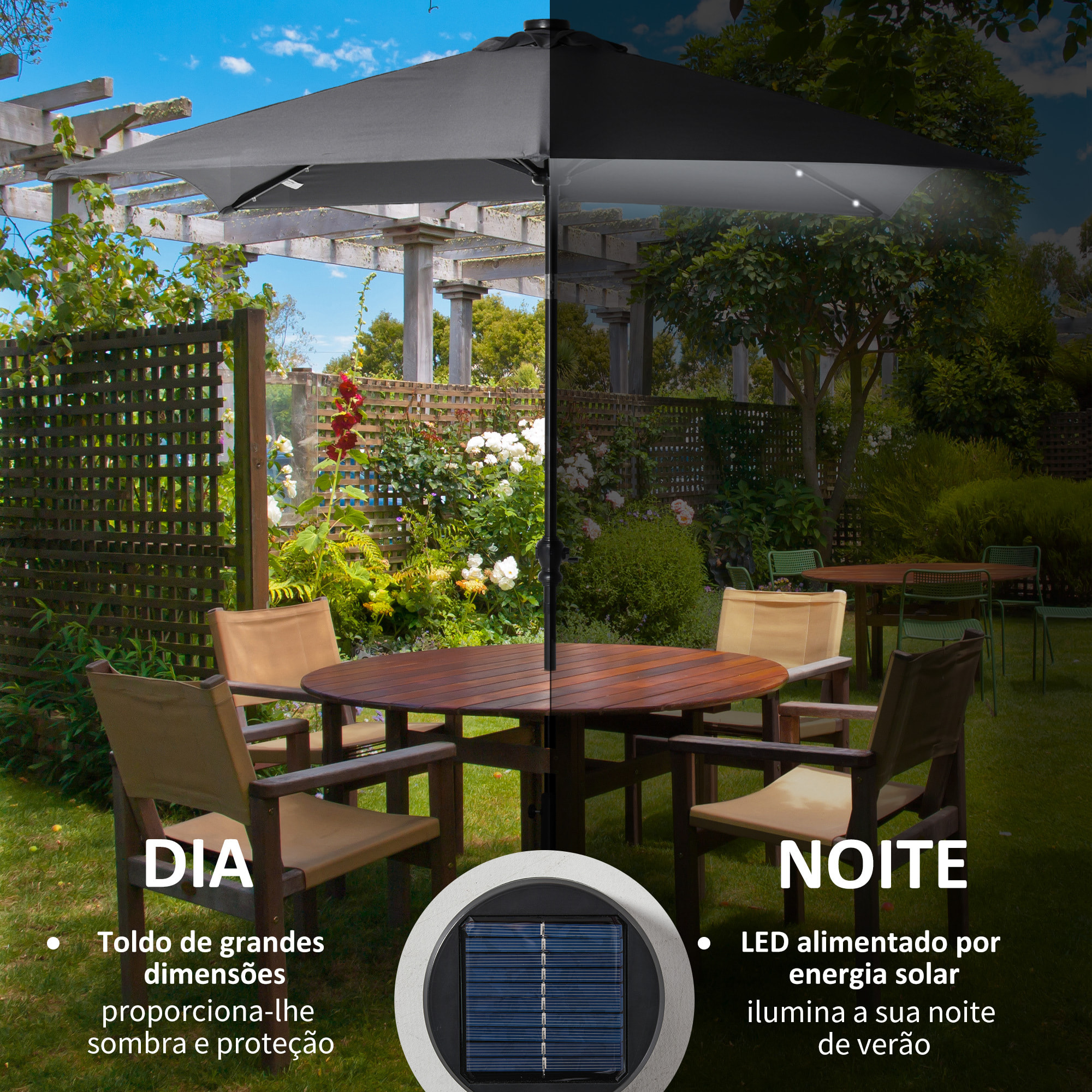 Sombrilla de Jardín 268x205x248 cm Parasol de Terraza con Techo Inclinable hasta 45° Luces LED Solares Anti-UV e Impermeable para Patio Balcón Gris Oscuro