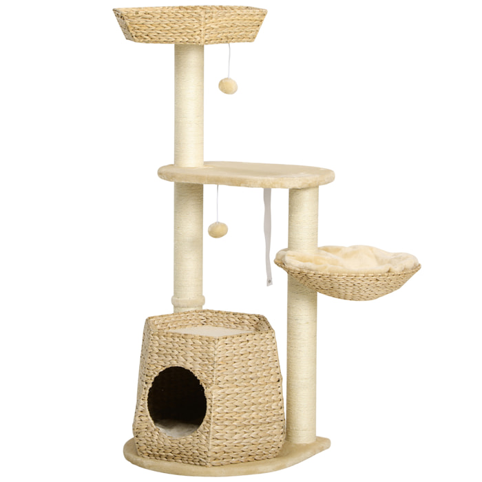 Arbre à chat style cosy chic griffoirs sisal naturel niche 2 paniers avec coussins plateforme 2 boules suspendues quenouille peluche courte crème beige
