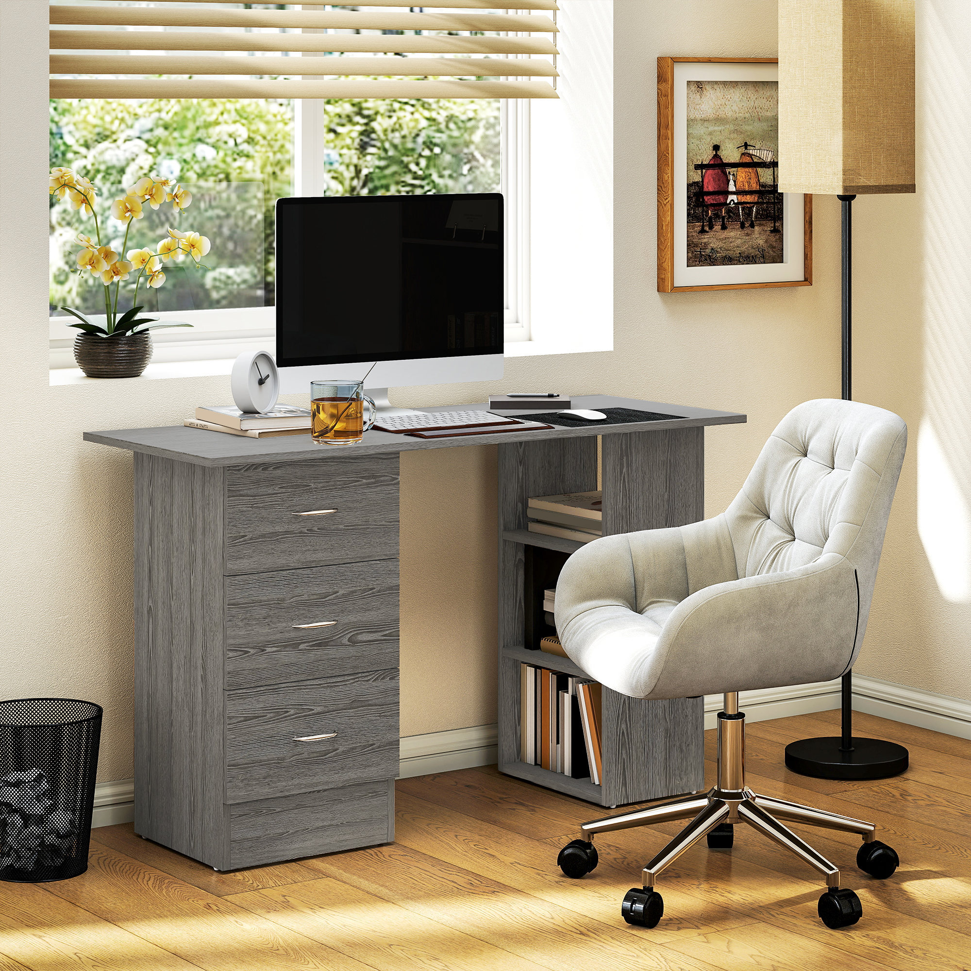 Bureau informatique table multi-fonctions 3 tiroirs 2 étagères dim. 120L x 49l x 72H cm MDF aspect bois gris