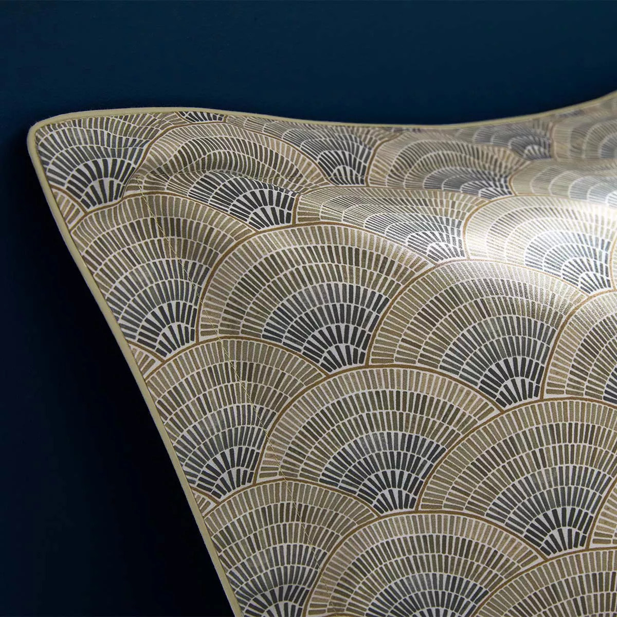 Taie d'oreiller satin de coton imprimé beige Eventails argile