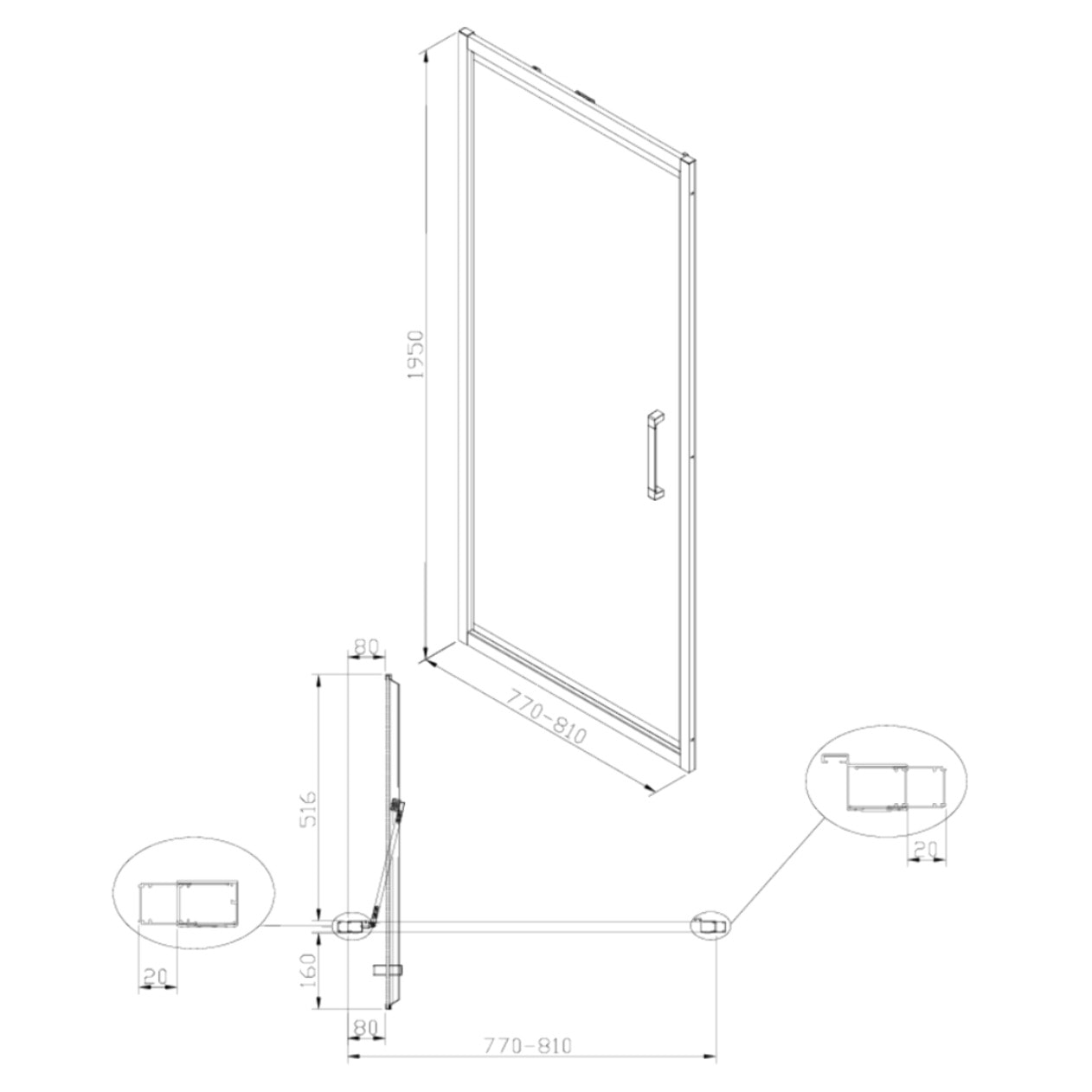 TEX-C ensemble porte compact/paroi 80x80cm anticalcaire avec profilés chrome brillant (SATTEXC80S80)