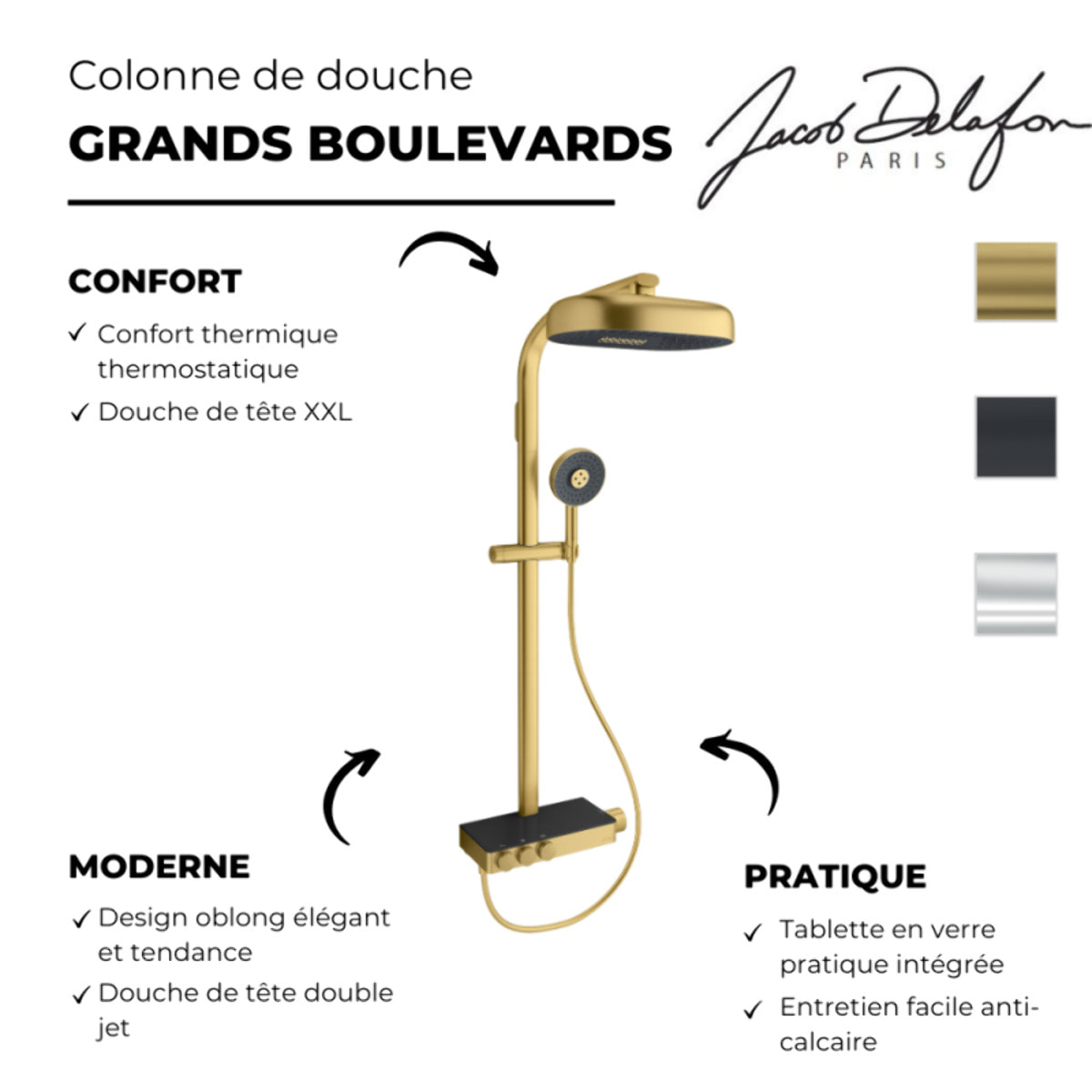Colonne de douche thermostatique Grands Boulevards avec tablette en verre laiton brossé