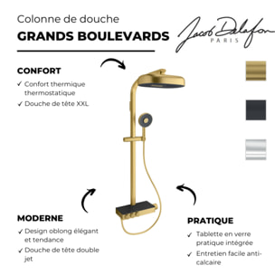 Colonne de douche thermostatique Grands Boulevards avec tablette en verre laiton brossé