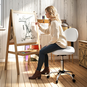 Taburete Giratorio Taburete con Ruedas y Respaldo Extraíble Taburete de Trabajo con Altura Regulable 83-98 cm Asiento Tapizado de Cuero Sintético Blanco