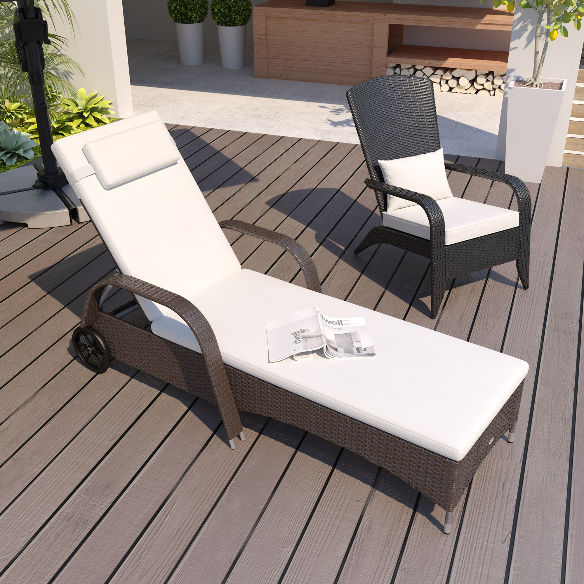 Tumbona de Ratán de Jardín Chaise Longue con Respaldo Ajustable en 5 Posiciones Cojines Acolchados Reposacabezas y 2 Ruedas 200x73x30-103 cm Crema y Marrón