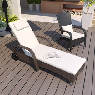 Tumbona de Ratán de Jardín Chaise Longue con Respaldo Ajustable en 5 Posiciones Cojines Acolchados Reposacabezas y 2 Ruedas 200x73x30-103 cm Crema y Marrón