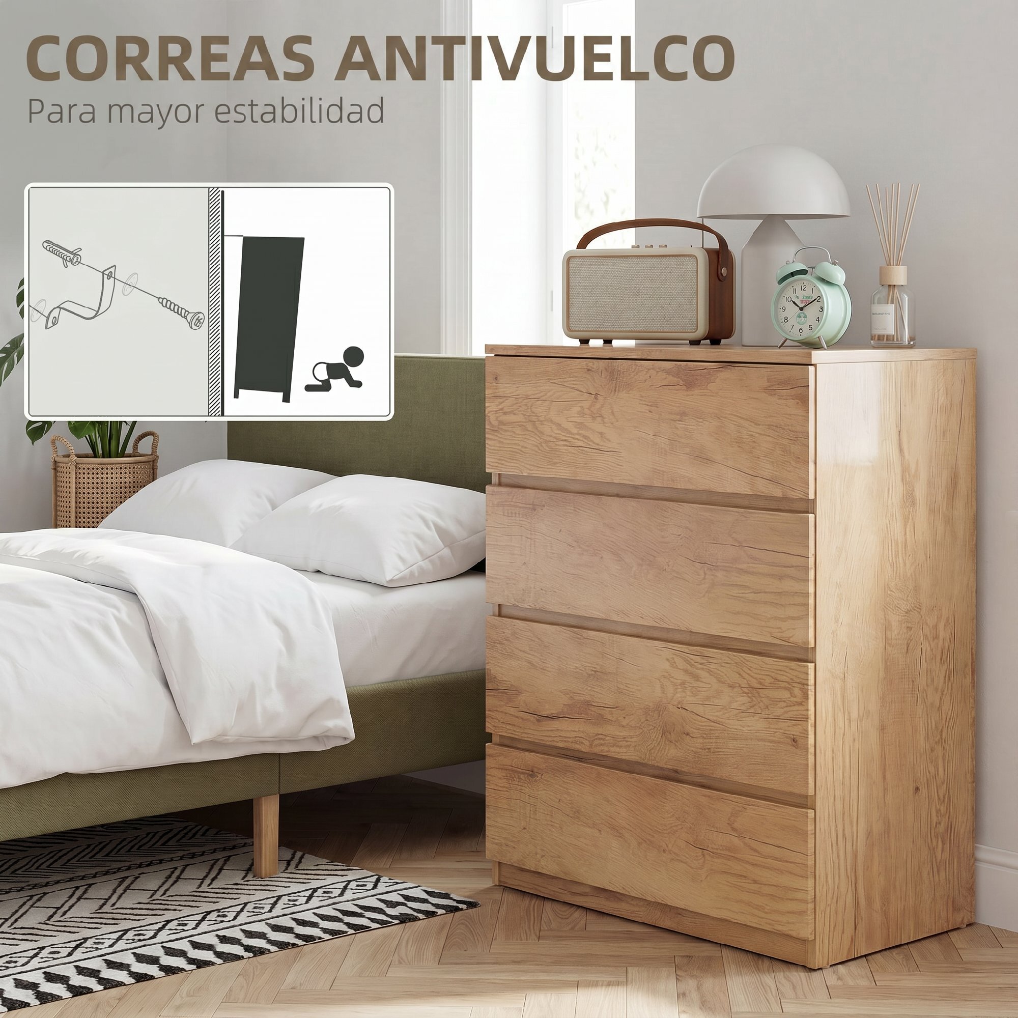 Cómoda 4 Cajones, Cómoda Dormitorio Moderna, Sinfonier, Diseño sin Tiradores, Cajonera para Sala de Estar, Comedor, Entrada, 60x40x80 cm, Madera Natural