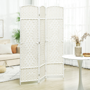 Paravent intérieur 3 panneaux pliables en bois séparateur de pièce style bohème tissé blanc