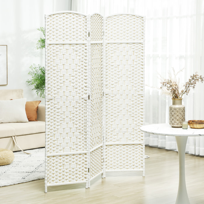 Paravent intérieur 3 panneaux pliables en bois séparateur de pièce style bohème tissé blanc