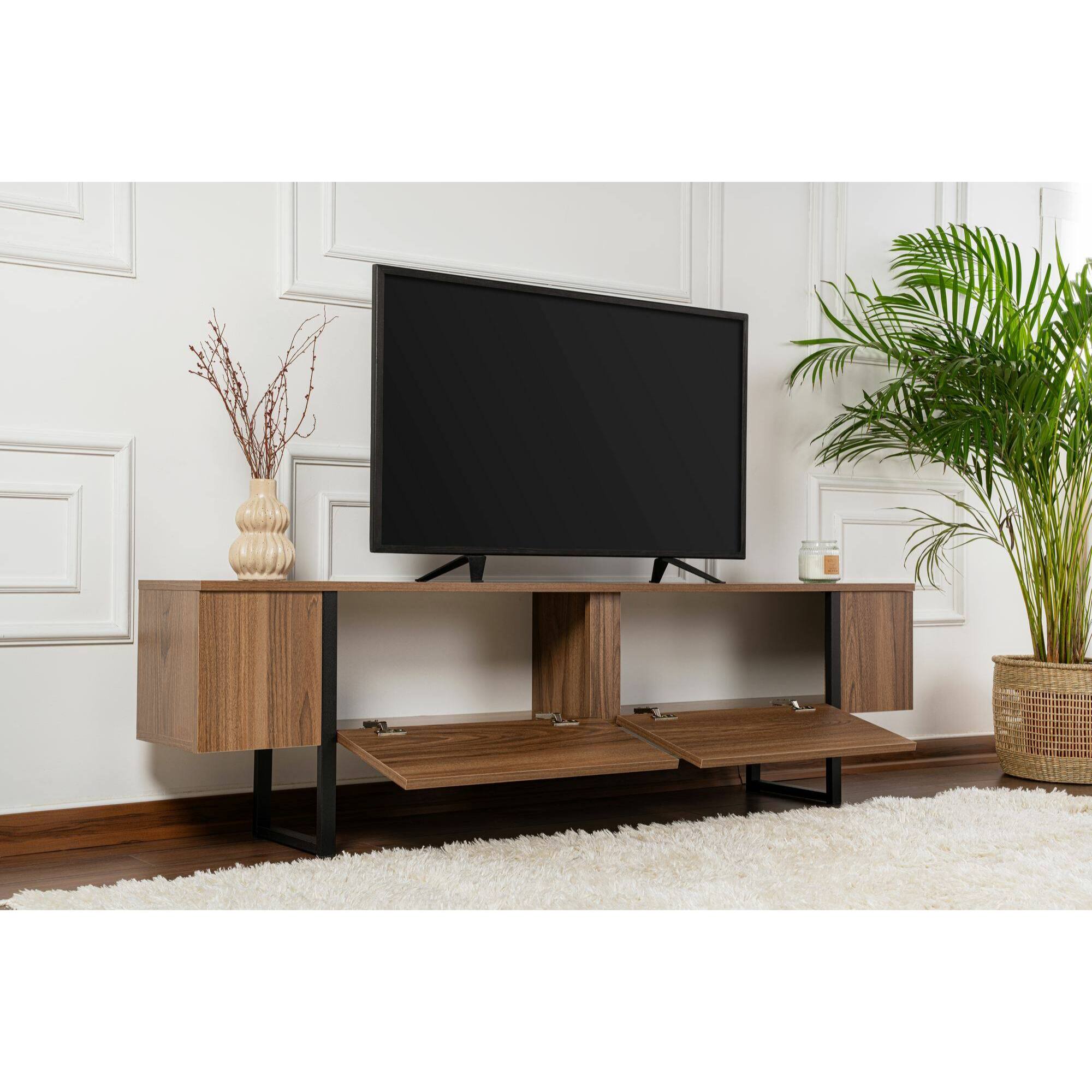 Mobile porta TV Tarquin, Credenza da soggiorno, Armadio basso per TV, Base parete attrezzata, 180x30 h50 cm, Noce e Nero