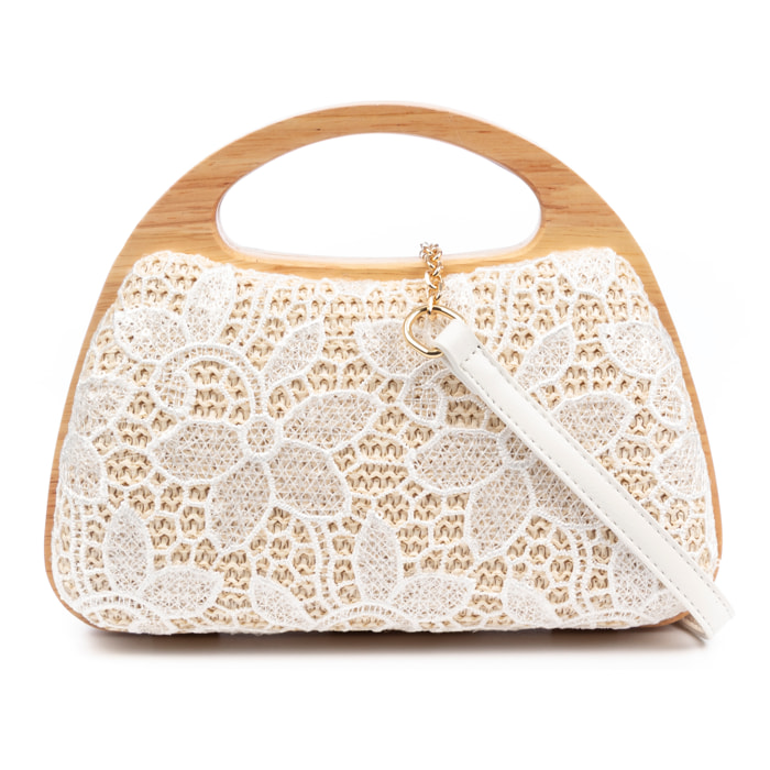 Ausa bolso de mano fabricado en madera natural, con papel trenzado y jute diseño malla de tejido floral