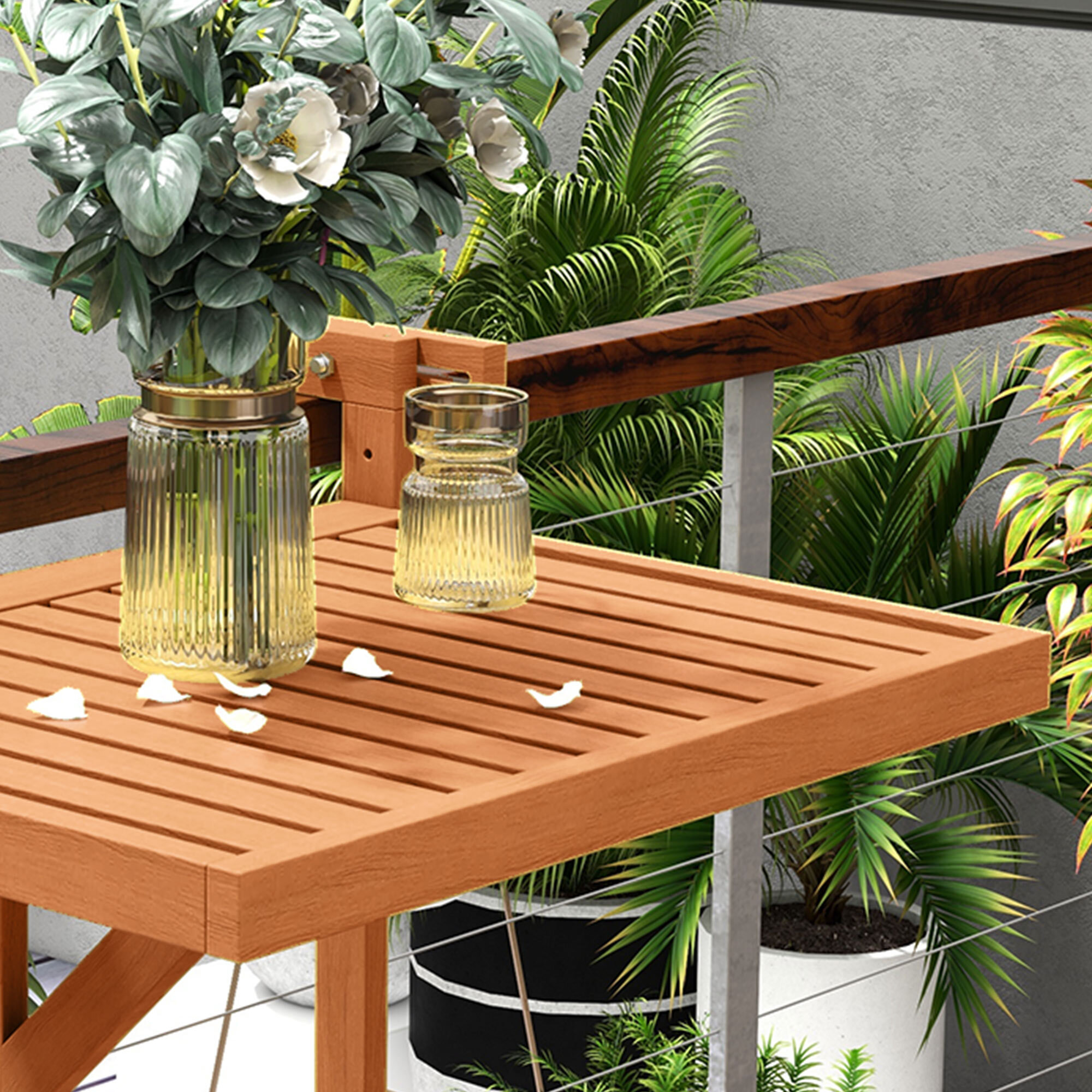 Table de balcon suspendue hauteur réglable dim. 68L x 65l x 40.5 -55H cm bois de sapin verni coloris teck