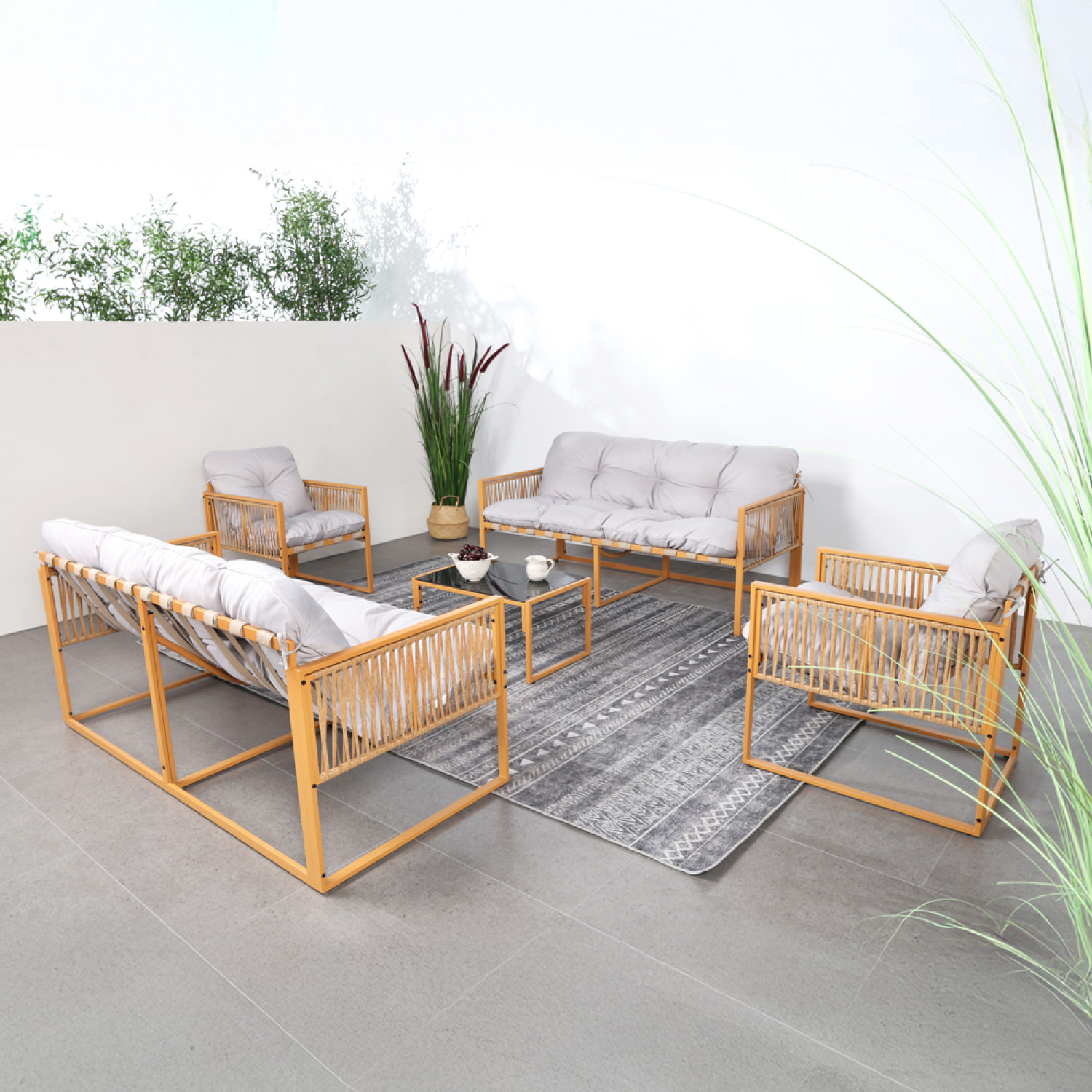 FORLI Salon de jardin 8 places effet rotin coussins gris clair