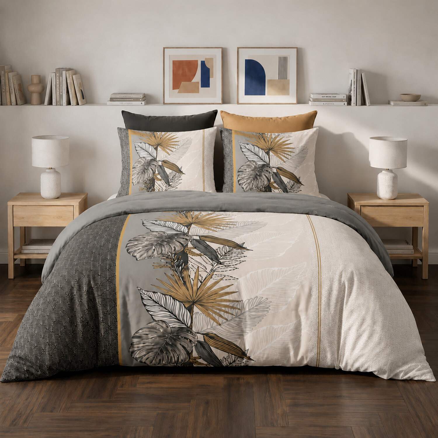 Parure housse de couette 100% coton motif feuillage tropical gris et doré - Caraïe