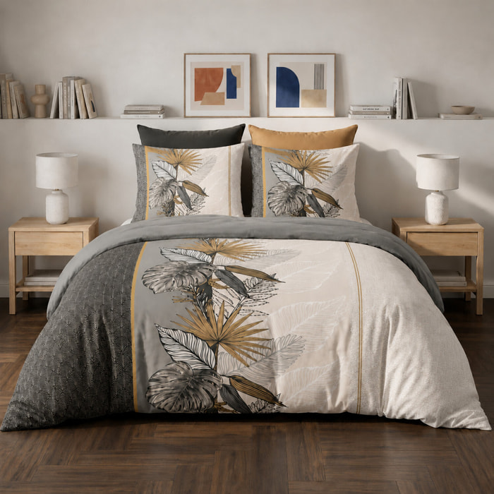 Parure housse de couette 100% coton motif feuillage tropical gris et doré - Caraïe