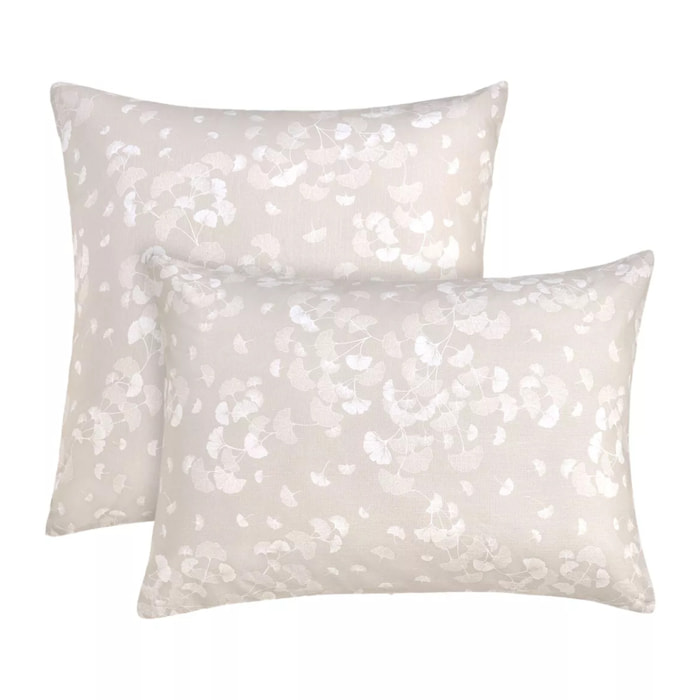 Taie d'oreiller pur coton lavé imprimé beige Souffle de ginkos naturel