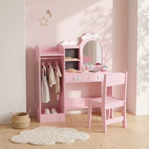 Coiffeuse enfant chaise miroir LED réglable multi-rangement rose