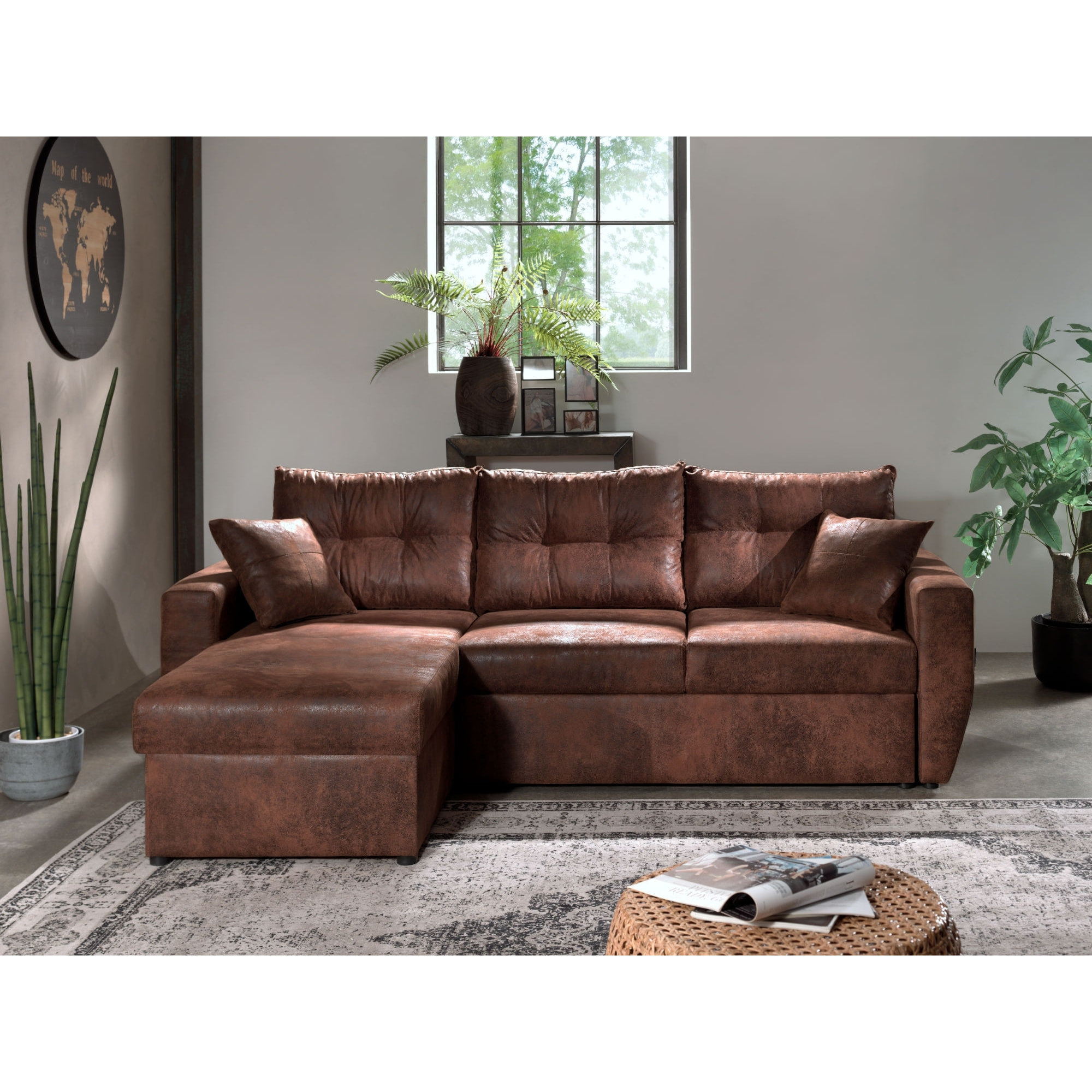 Astoria - canapé d'angle réversible - convertible avec coffre - style industriel - 4 places - Marron