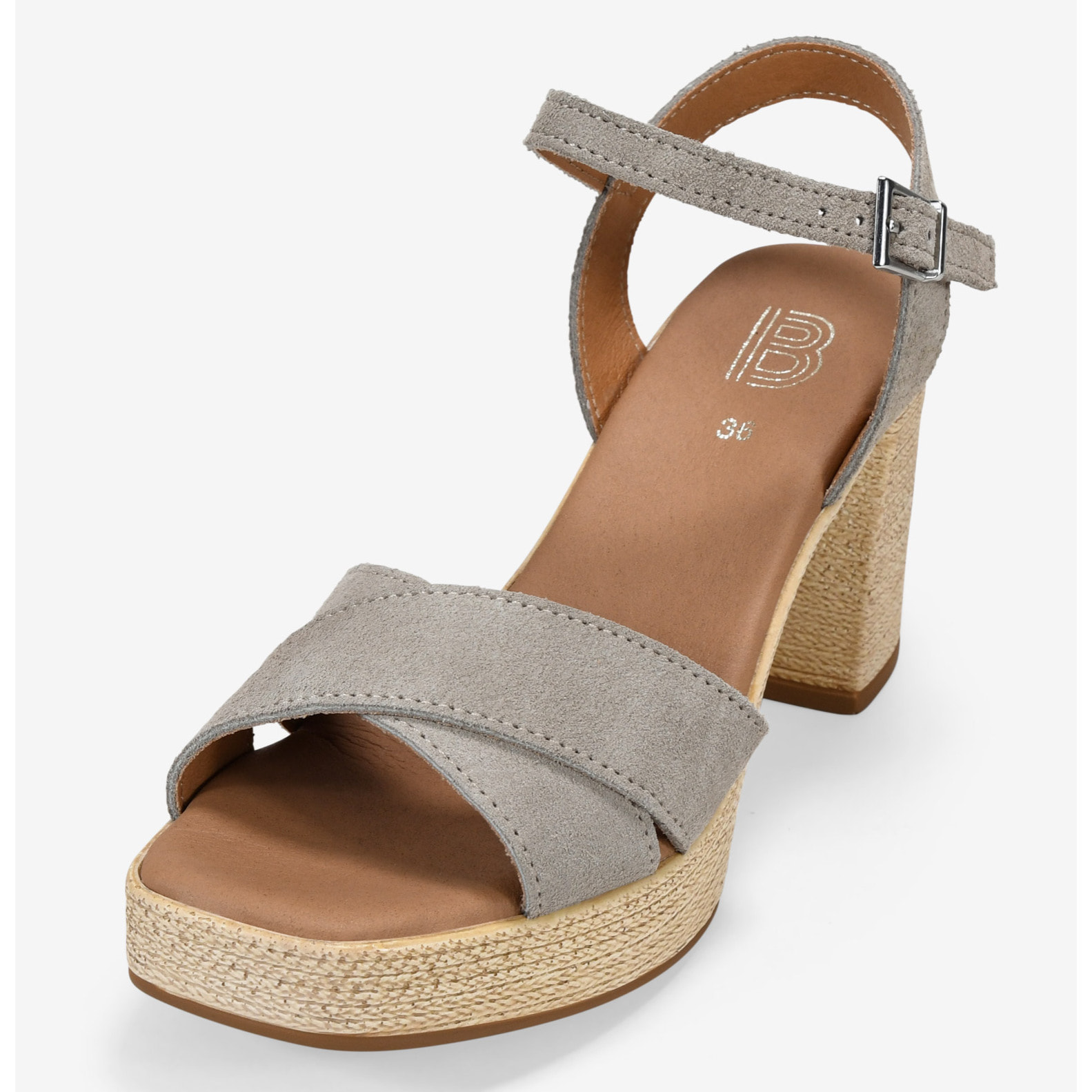 Sandalias taupe en piel con tacón efecto esparto