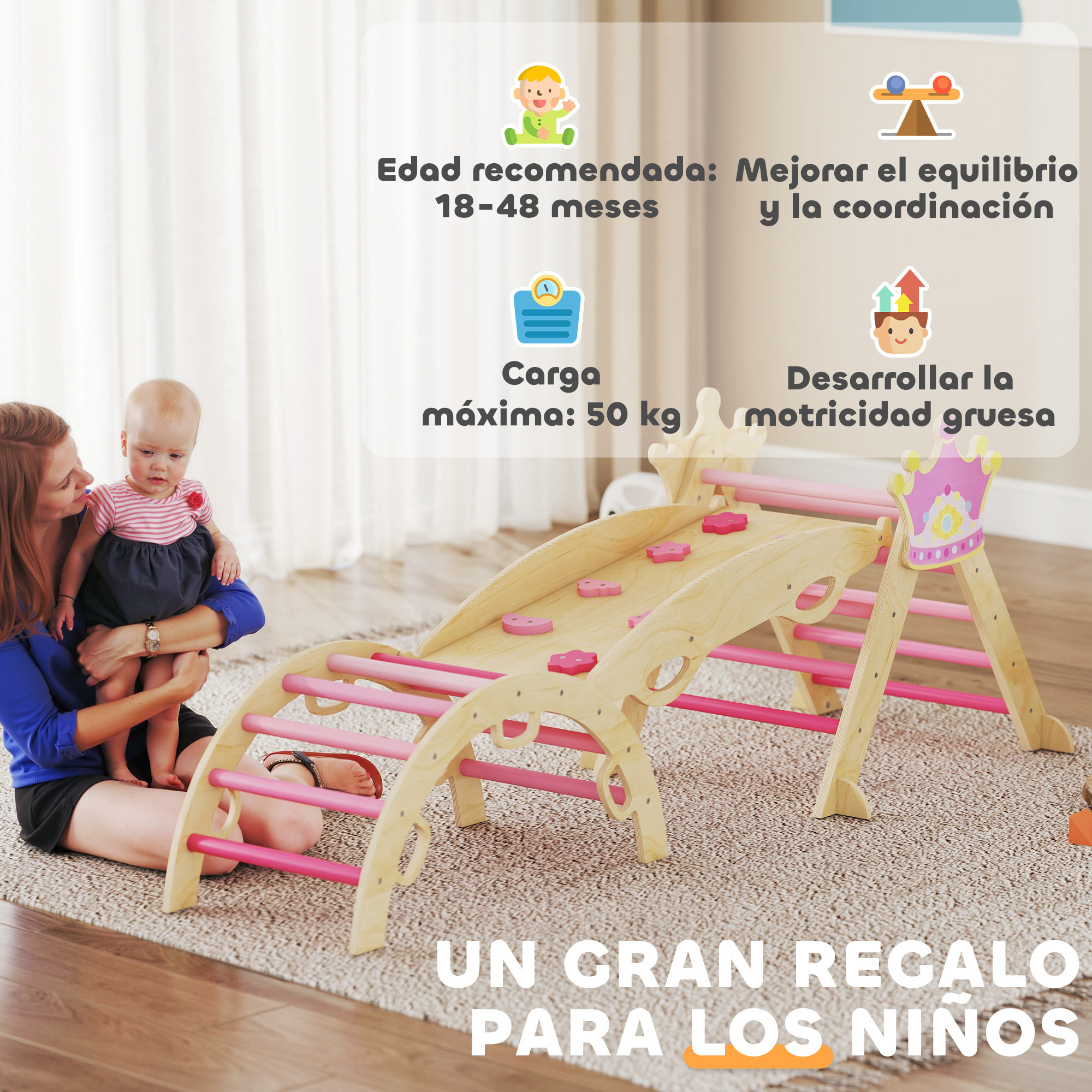 8 en 1 Triángulo de Escalada de Madera, Estructura de Escalada Montessori, Tema de Corona, con Arco y Rampa para Deslizarse o Escalar, para Niños de 18-48 Meses, Interiores, Rosa