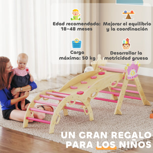 8 en 1 Triángulo de Escalada de Madera, Estructura de Escalada Montessori, Tema de Corona, con Arco y Rampa para Deslizarse o Escalar, para Niños de 18-48 Meses, Interiores, Rosa