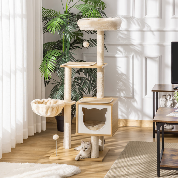 Árbol Rascador para Gatos con Plataforma Altura 126 cm Torre Escalador para Gatos con Hamaca Caseta Cama Postes de Sisal y Bolas para Jugar 48x40x126 cm Beige