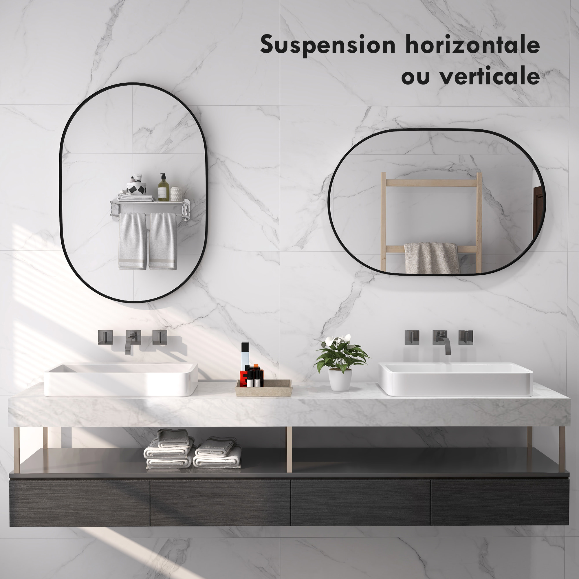 Miroir mural ovale dim. 60L x 90H cm cadre arrondi montage vertical/horizontal alu. noir