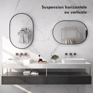 Miroir mural ovale dim. 60L x 90H cm cadre arrondi montage vertical/horizontal alu. noir