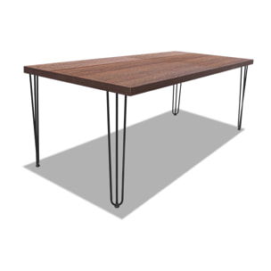 Tavolo da pranzo 160x90cm in legno e metallo con piedi triangolari e ripiano in colore legno teak