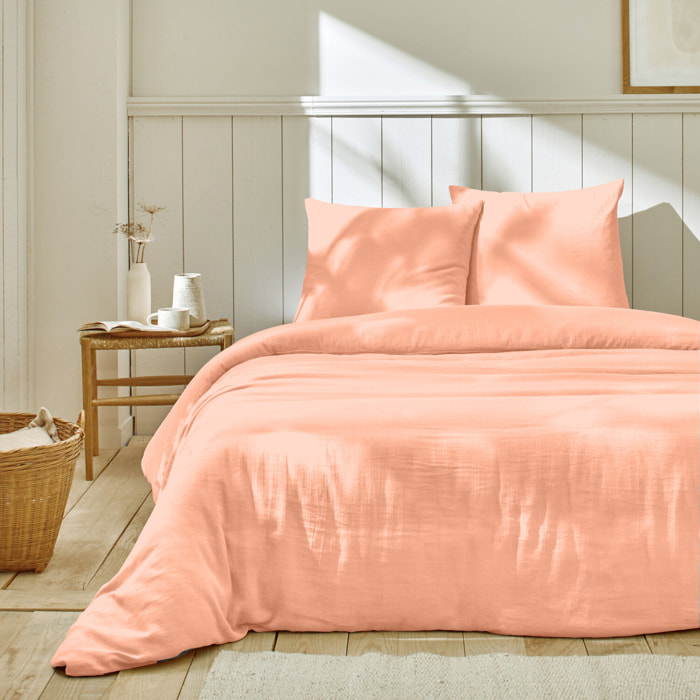 Parure housse de couette 100% gaze de coton unie - rose