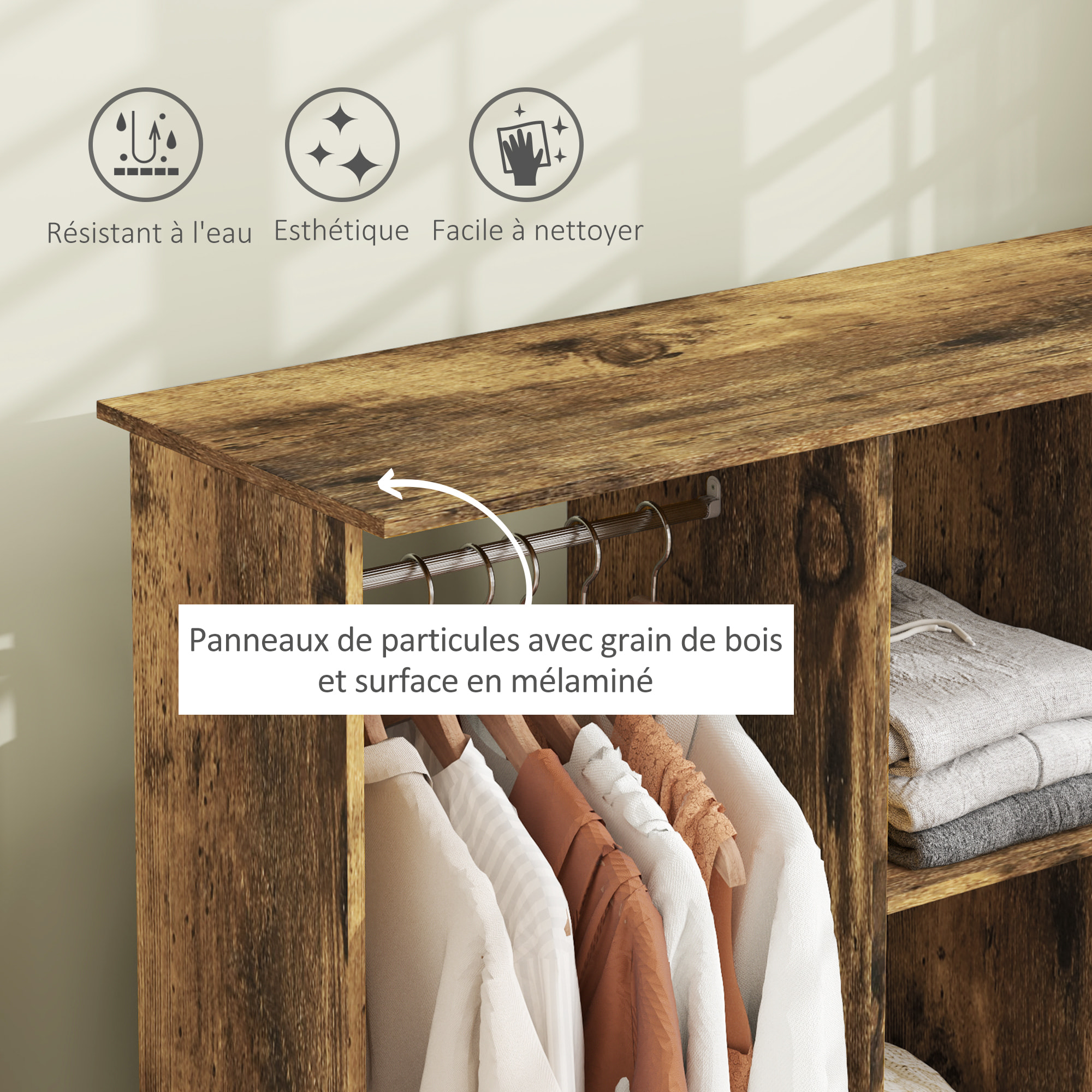 Armoire penderie meuble de rangement mobile 6 roulettes 120L x 40l x 128H cm panneaux de particules aspect bois vieilli