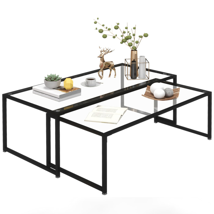 Tables gigognes lot de 2 tables basses rectangulaires design contemporain acier noir verre trempé 4 mm