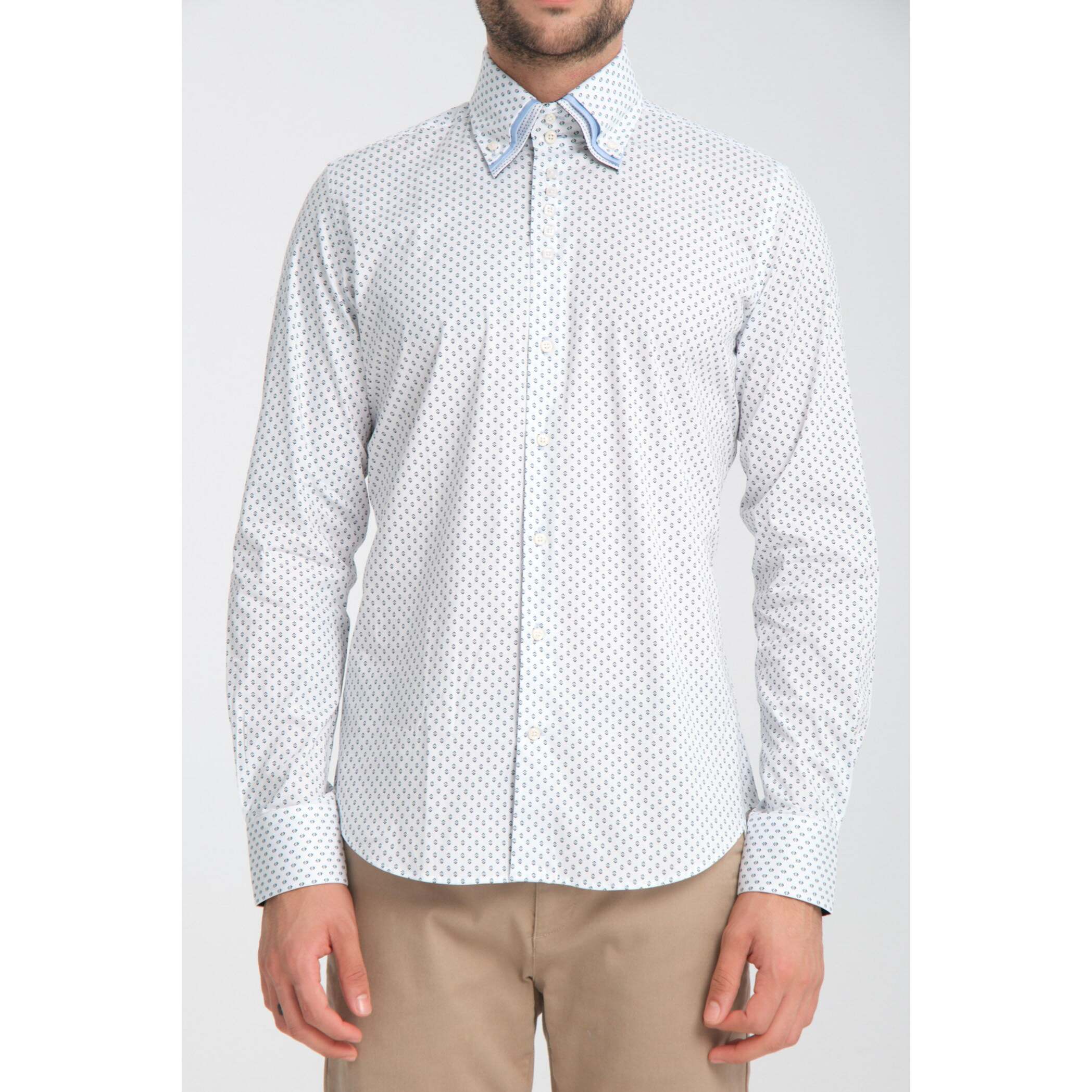 Camicia Uomo 2 Bottoni Button Down Triplo Collo Slim Popeline Stretch Stampato Bianco e Blu