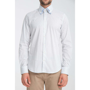 Camicia Uomo 2 Bottoni Button Down Triplo Collo Slim Popeline Stretch Stampato Bianco e Blu