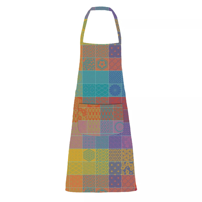 Tablier pur coton enduit motif jacquard violet orange Mille hana floralies