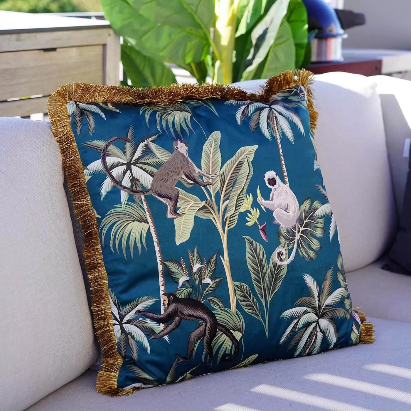 Coussin à franges Jungle singes 55x55cm Kare Design
