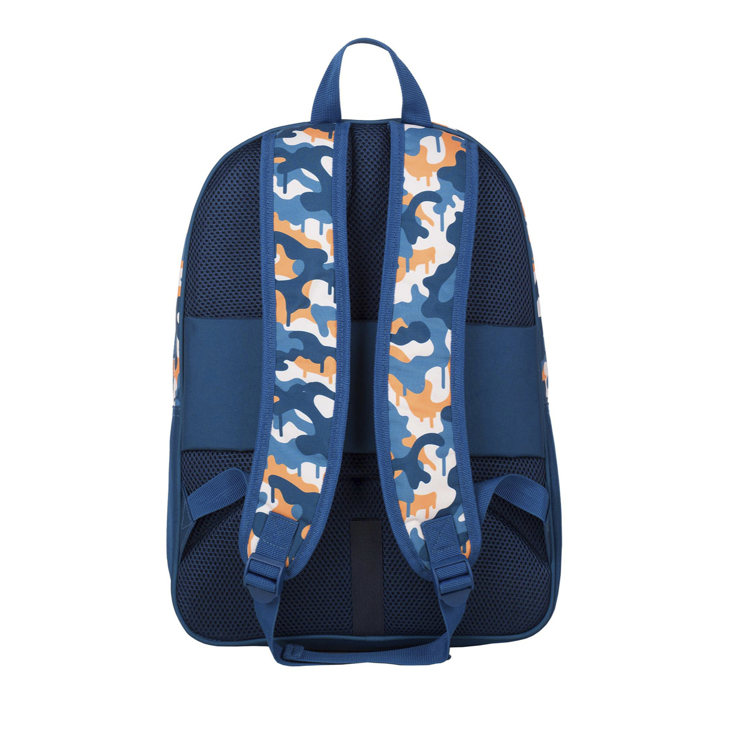 Fortnite Blue Camo mochila primaria doble compartimento + carro  con protección lateral y stoper frontal, 4 ruedas multidireccionales.