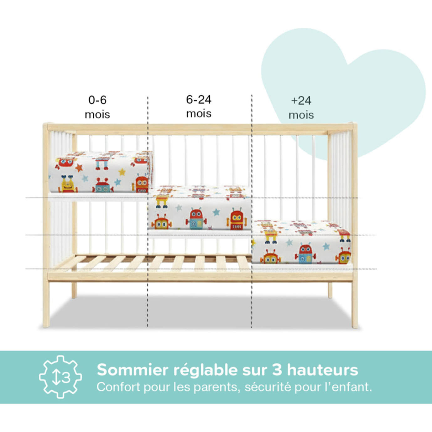 Lit Bébé Évolutif Mathis 60x120 cm, Couleur Bois Naturel & Blanc, Sommier Réglable 3 Hauteurs, Barreaux Amovibles, Lit Bébé Bois Massif