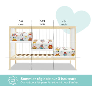 Lit Bébé Évolutif Mathis 60x120 cm, Couleur Bois Naturel & Blanc, Sommier Réglable 3 Hauteurs, Barreaux Amovibles, Lit Bébé Bois Massif