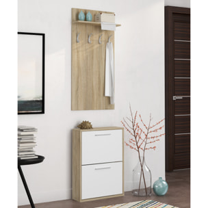 Set Ingresso Salvaspazio con Scarpiera 2 Ribalte e Appendiabiti da Parete Mensola Mobile Moderno Portascarpe 54x73x18 Cm Bianco Rovere