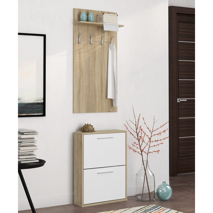 Set Ingresso Salvaspazio con Scarpiera 2 Ribalte e Appendiabiti da Parete Mensola Mobile Moderno Portascarpe 54x73x18 Cm Bianco Rovere