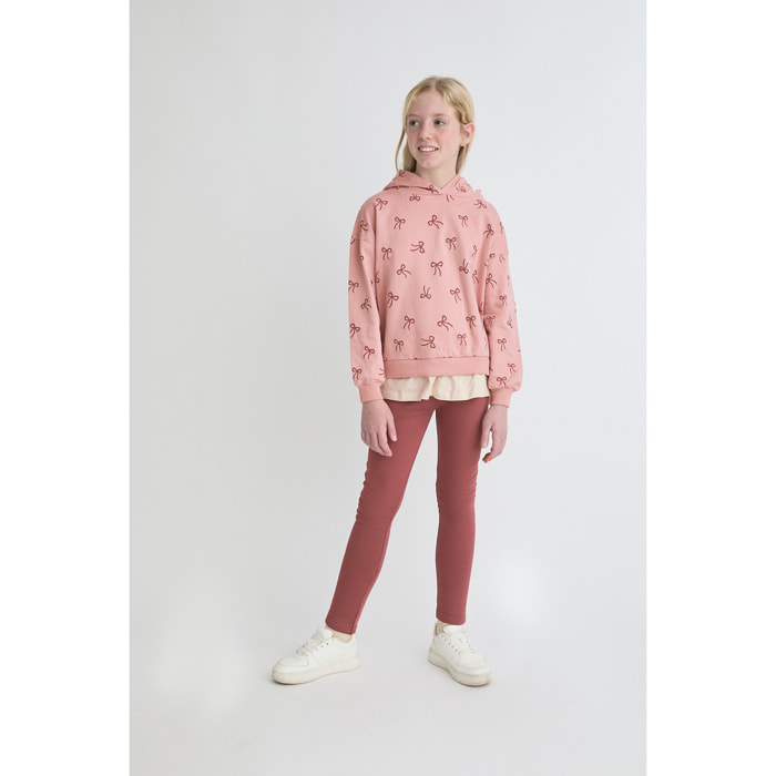 Conjunto niña sudadera con capucha rosa empolvado con lazos y volante y leggings lisos, suaves | Color: Rosado | Street Monkey